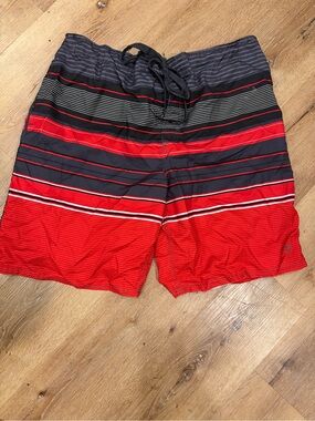 OP Men's Red and Black Stripe Swim Shorts